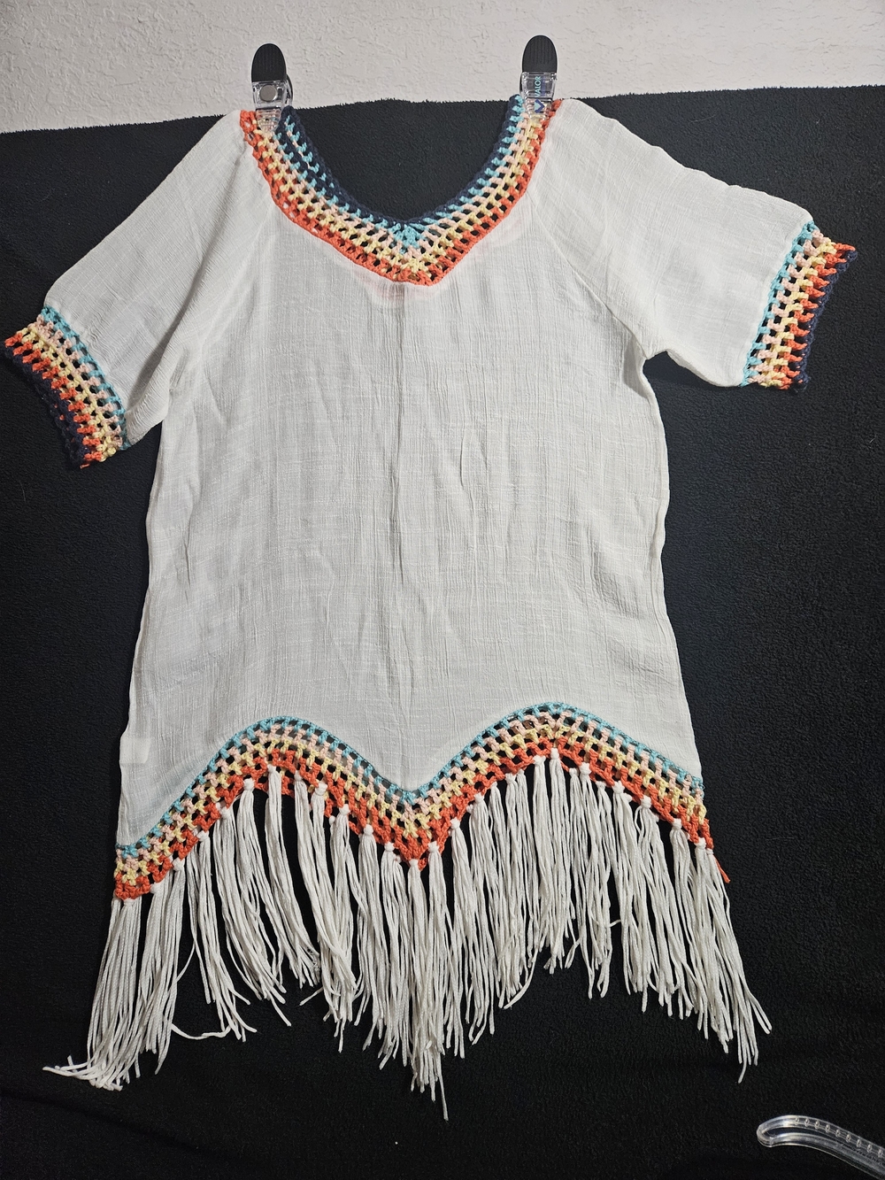 White Women's Crochet Fringe Tunic or Beach Cover Up Size S